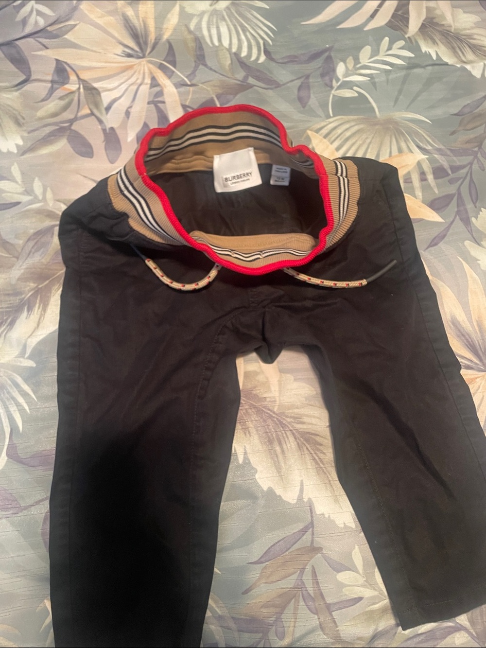 Burberry Black Kids' Pants with Signature Check Waistband and Red Trim